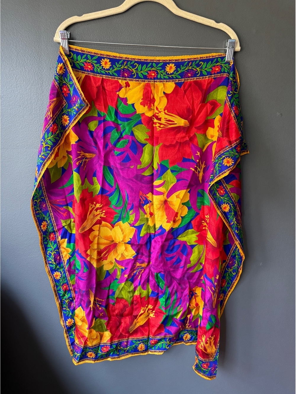 Vibrant Floral Scarf/Shawl with Bold Colors and Border Detail